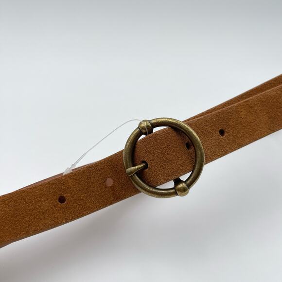 Linea Pelle | NEW Cognac Brown Skinny Suede Belt Round Circle Brass Buckle - Picture 3 of 14